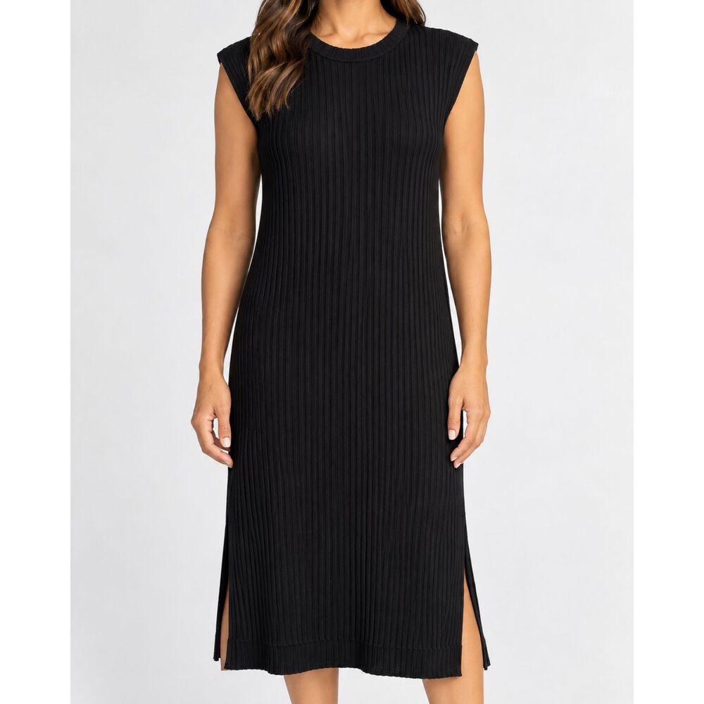 Eileen Fisher Black Ribbed Tencel Midi Dress M Sleeveless Side Slit Minimalist